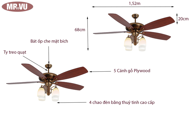 Kích thước quạt trần Legend có đèn