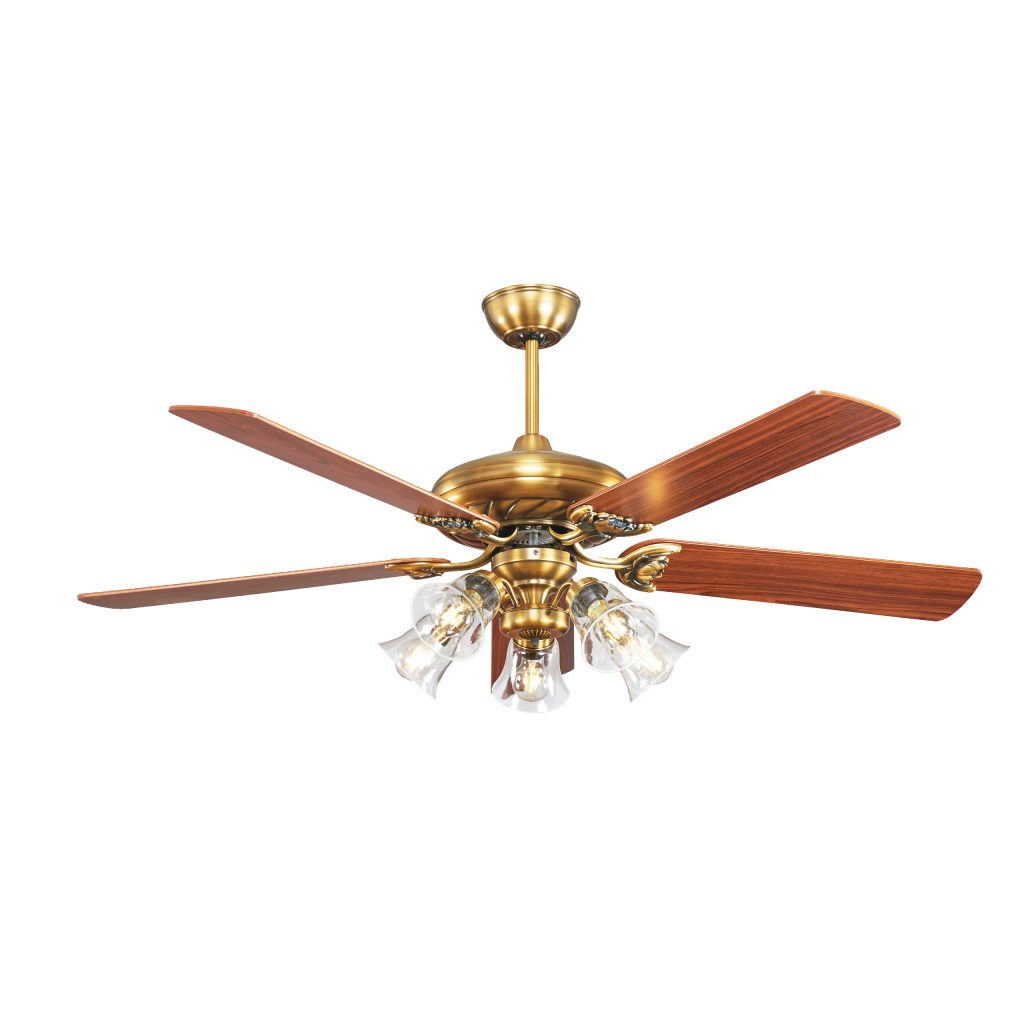 Quạt trần cánh gỗ kèm đèn led màu đồng sang trọng