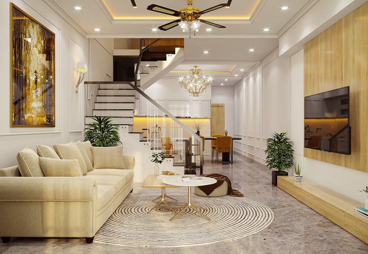 25+ mẫu phòng khách tân cổ điển nhà ống đẹp sang trọng