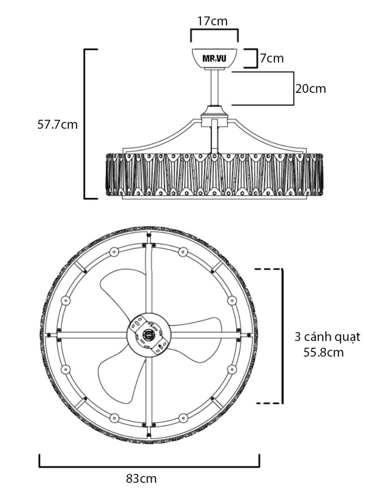 Kích thước quạt đèn pha lê Moza