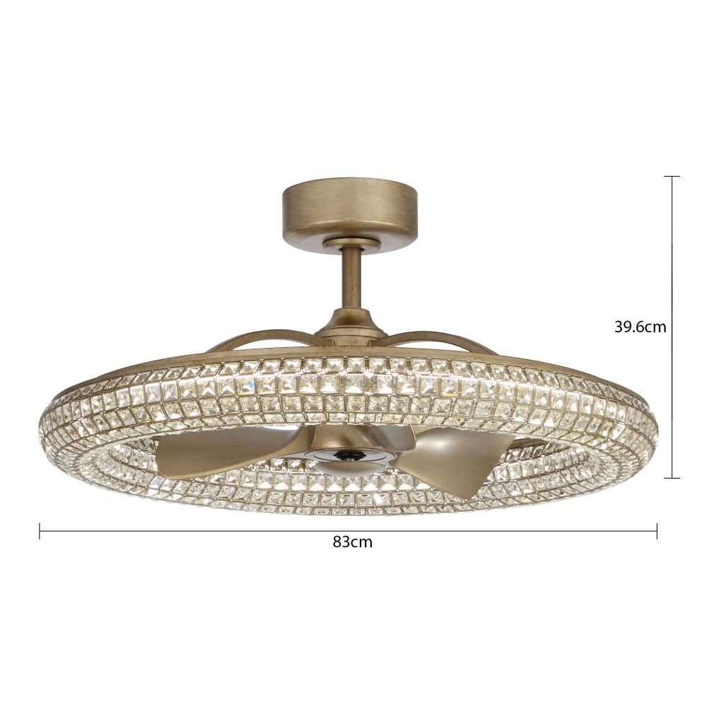 Kích thước khi lắp đặt hoàn thiện quạt trần đèn Pha lê Elegan
