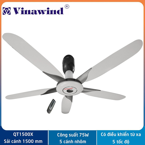 Quạt trần QT-1500X công suất 75W tiết kiệm điện, tạo luồng gió mạnh và ổn định