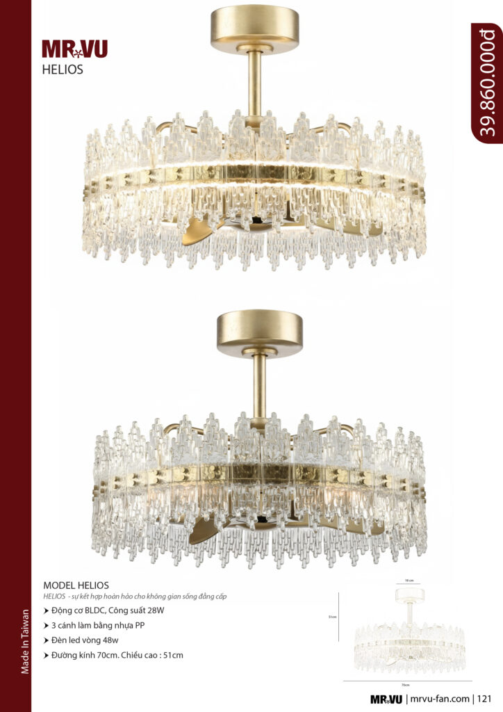 Mẫu đèn pha lê kết hợp quạt cao cấp Helios