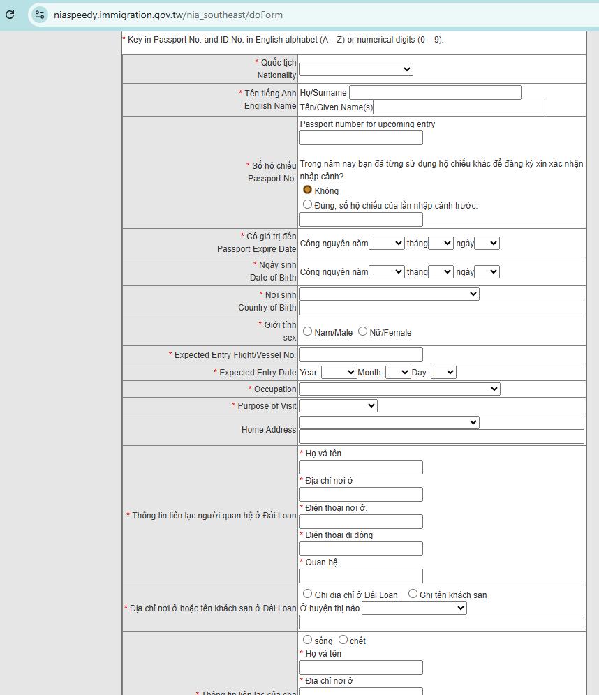 Form điền thông tin Evisa Đài Loan online