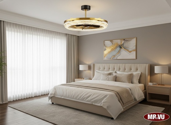 Các mẫu quạt trần có đèn trang trí phòng khách, phòng ngủ 23 Quạt pha lê Moon tích hợp đèn chùm pha lê lấp lánh