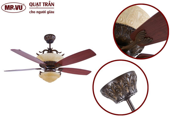 Các mẫu quạt trần có đèn trang trí phòng khách, phòng ngủ 16 Quạt trần Villa LED với 5 cánh gỗ tự nhiên sải 1,52m và hệ đèn đá cẩm thạch