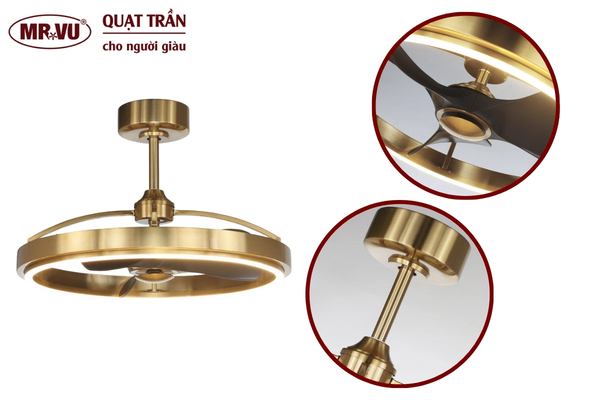 Các mẫu quạt trần có đèn trang trí phòng khách, phòng ngủ 17 Quạt trần Wheel kết hợp thân đồng giả cổ và cánh gỗ vân tự nhiên, sang trọng