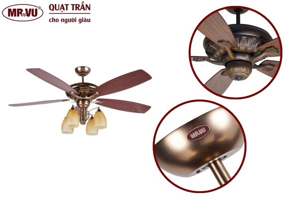 Các mẫu quạt trần có đèn trang trí phòng khách, phòng ngủ 18 Quạt trần Legend - nét giao thoa giữa gỗ vân óc chó và đồng thau cổ điển