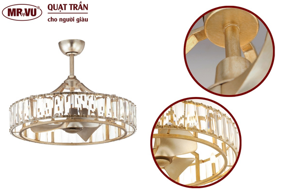 7+ Quạt trần có đèn điều khiển từ xa chạy êm nhất hiện nay 19 Quạt trần pha lê Moza thiết kế đèn chùm sang trọng, 5 tốc độ gió