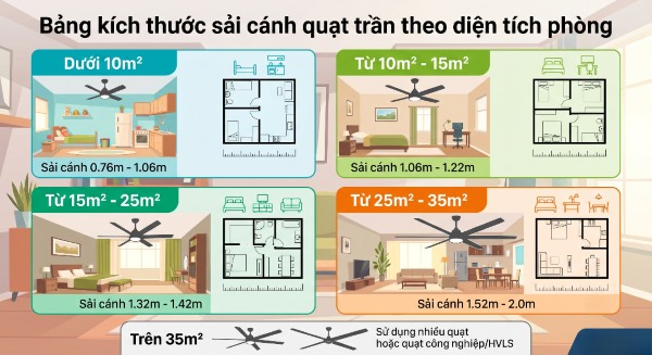 Bảng kích thước sải cánh quạt trần theo diện tích phòng 16 Sải cánh phù hợp hạn chế nguy cơ va chạm với vật dụng xung quanh