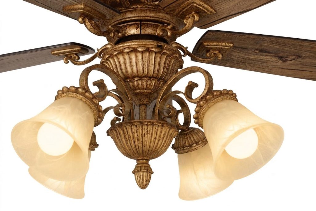 Quạt trần Heritage 3 Chùm đèn gồm 4 bóng led ánh sáng ấm hắt sáng kết hợp chao thủy tinh vân vàng sang trọng – nâng tầm không gian sống đẳng cấp