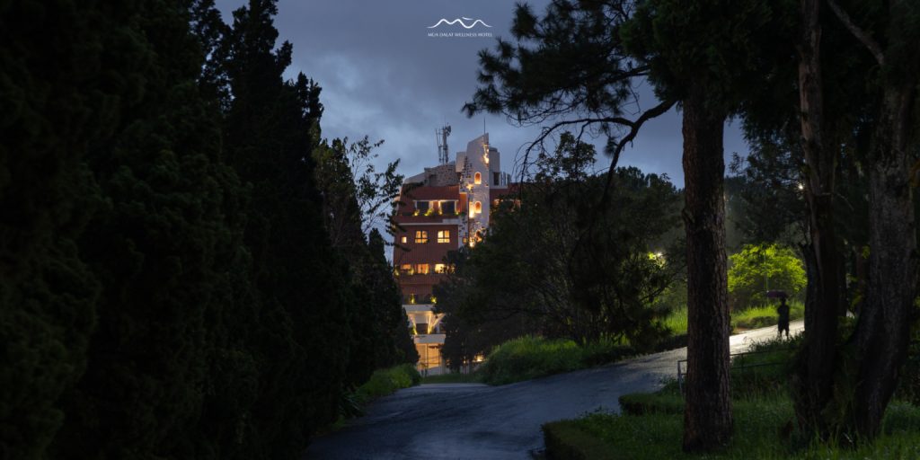 Mùa Dalat Wellness Hotel khi nhìn từ xa.
