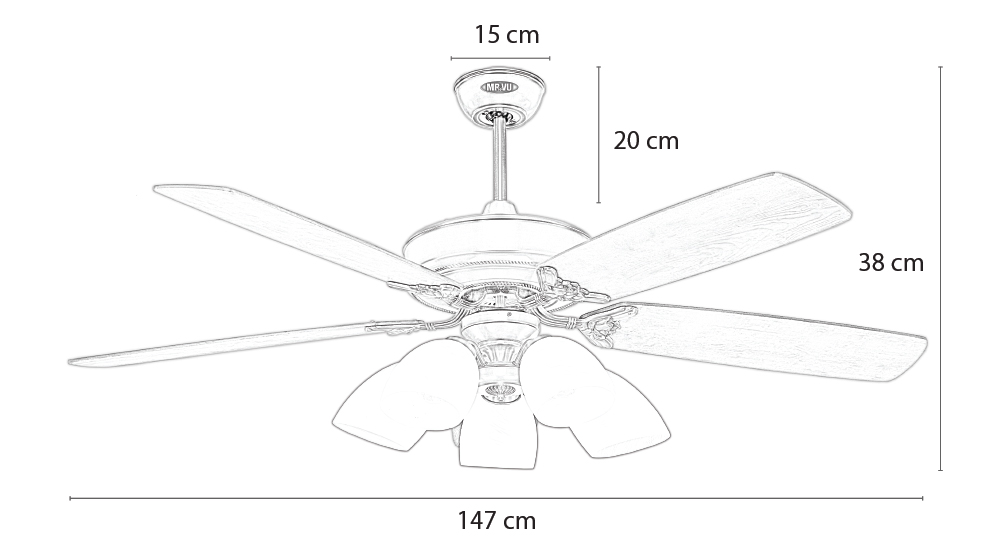 Kích thước quạt Lotus Plus 5 đèn