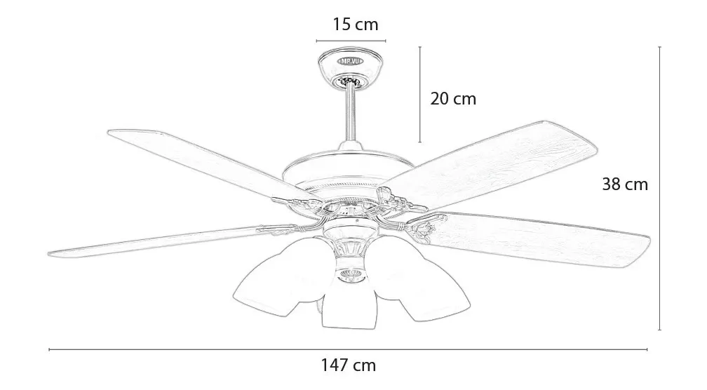Kích thước quạt Lotus Plus 5 đèn