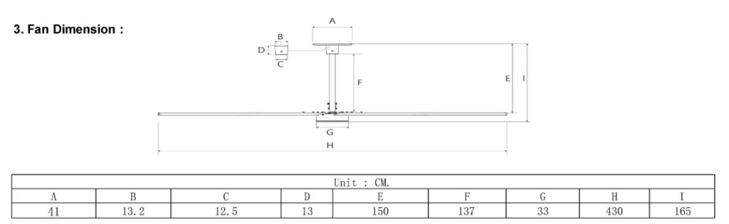Kích thước quạt công nghiệp Cosmo 4.3m