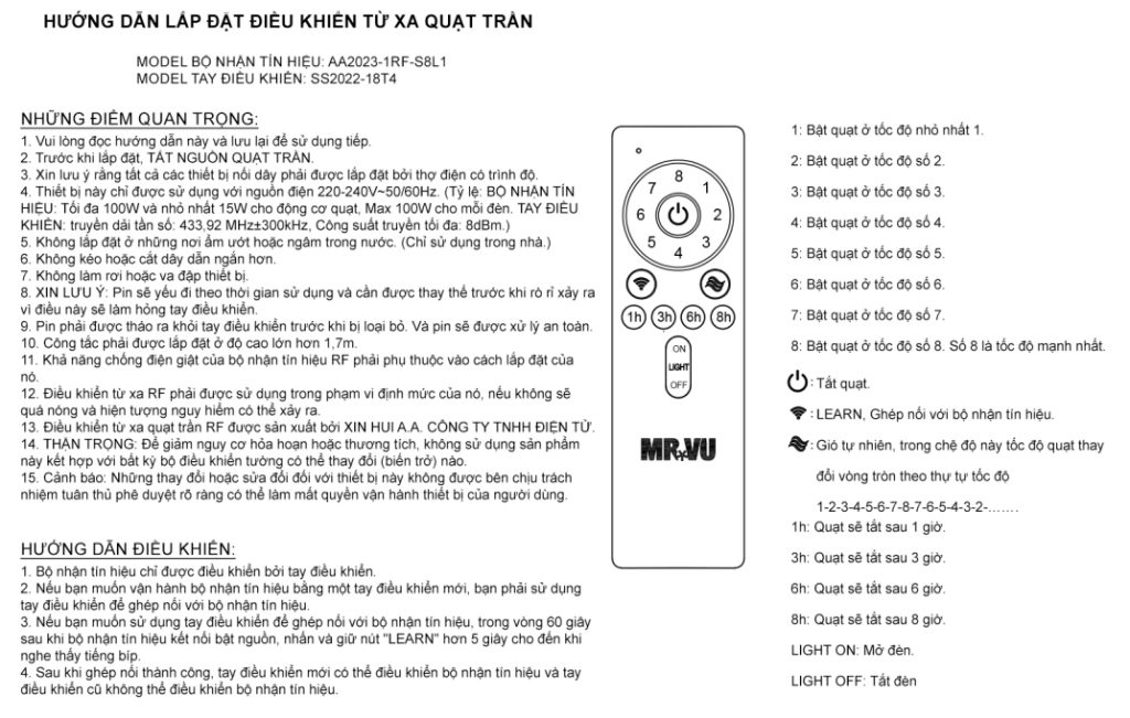 Hướng dẫn sử dụng điều khiển từ xa 8 cấp